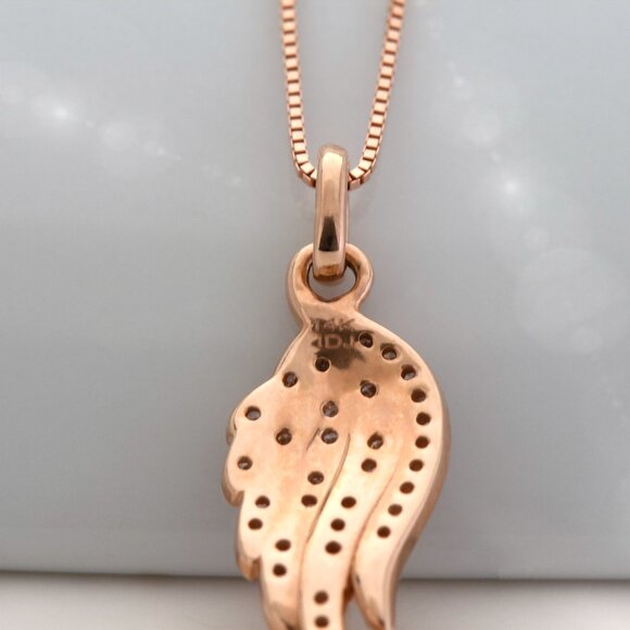 14K Rose Gold Real Natural Diamond Angel Wing Pendant Necklace - Picture 6 of 7
